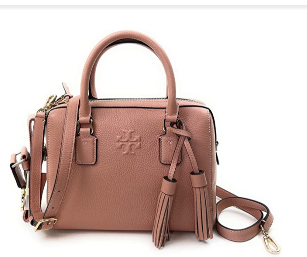 Tory Burch Thea Mini Pink Moon Pebbled Leather Web Satchel Crossbody Bag (210